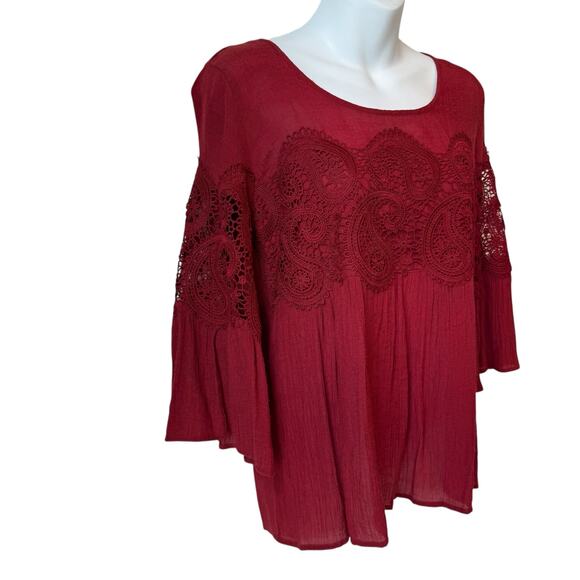 Rust Red Emroidered Womens Boho Blouse Small Gauze Lace Bell Sleeve Fairy Grunge - Picture 16 of 16